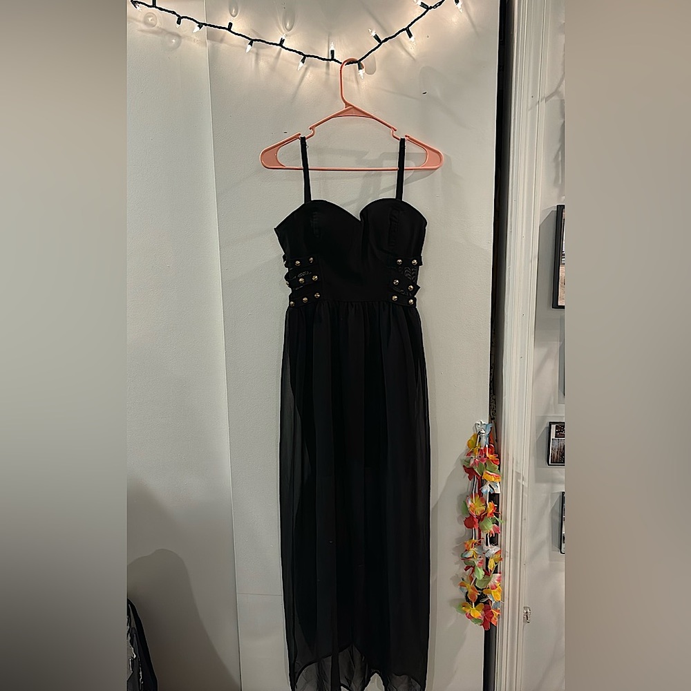 Black Forever 21 Vintage Long Dress with Mesh Sides and Gold Barrings